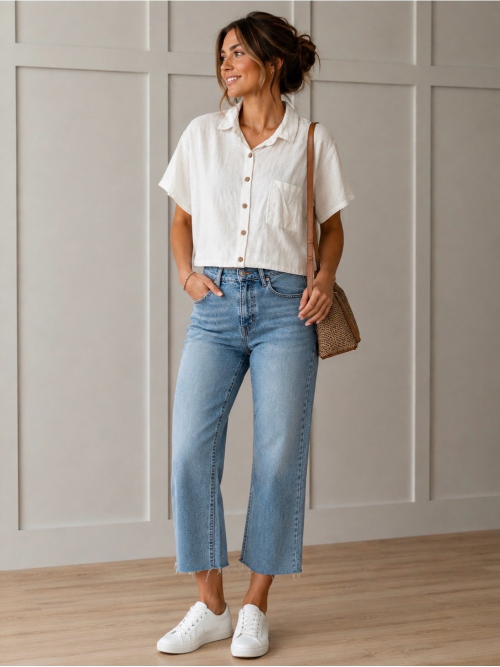 Linen Blend Boxy White Shirt With Front Pocket
